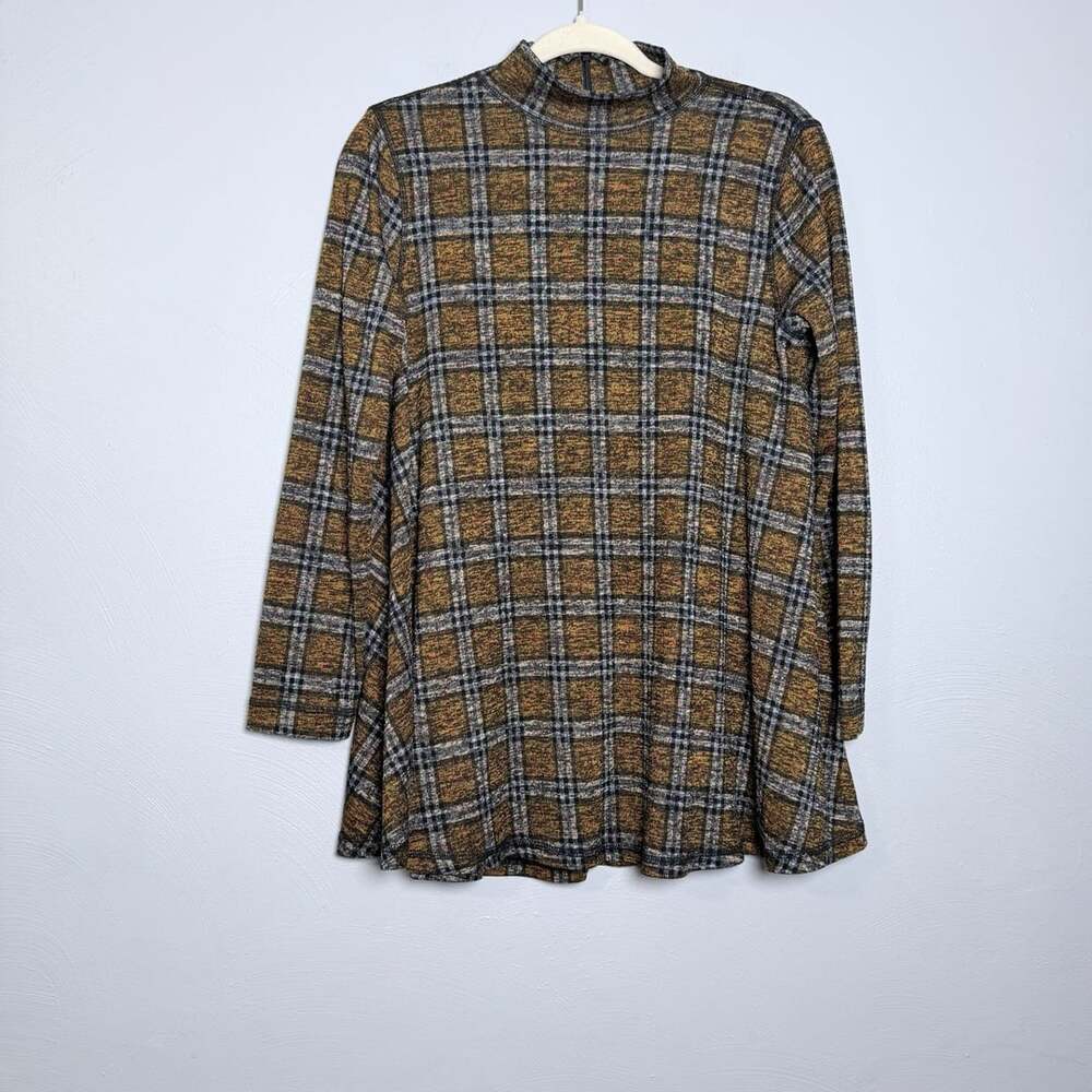 John Mark Plaid Mock Neck Top Size S Brown Long Sleeve